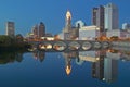 Scioto River and Columbus Ohio skyline at dusk