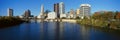 Scioto River and Columbus Ohio skyline, with setting sunlight