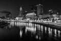 The Scioto River and Columbus skyline at night, in Columbus, Ohio