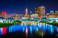 The Scioto River and Columbus skyline at night, in Columbus, Ohio