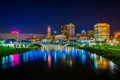 The Scioto River and Columbus skyline at night, in Columbus, Ohio