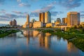 The Scioto River and Columbus skyline at sunset, in Columbus, Ohio