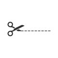 Scissor with cutting line icon in flat style. Cut equipment vector illustration on white isolated background. Cutter business