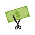 Scissor cutting money bill on white background. price or cost cut sign. discount symbol. sale icon