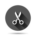 Scissor icon in flat style. Cut equipment vector illustration on black round background with long shadow effect. Cutter circle Royalty Free Stock Photo