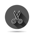 Scissor icon in flat style. Cut equipment vector illustration on black round background with long shadow effect. Cutter circle Royalty Free Stock Photo