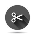 Scissor icon in flat style. Cut equipment vector illustration on black round background with long shadow effect. Cutter circle Royalty Free Stock Photo