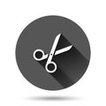 Scissor icon in flat style. Cut equipment vector illustration on black round background with long shadow effect. Cutter circle Royalty Free Stock Photo