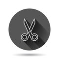 Scissor icon in flat style. Cut equipment vector illustration on black round background with long shadow effect. Cutter circle Royalty Free Stock Photo