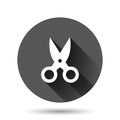 Scissor icon in flat style. Cut equipment vector illustration on black round background with long shadow effect. Cutter circle Royalty Free Stock Photo