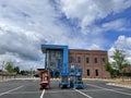 Scissor lift in a parking lot