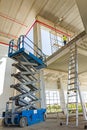 Scissor lift platform on a construction site.