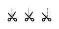 Scissors black vector icons. Scissors with cut lines. Scissors, isolated. Vector illustration