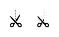 Scissors black vector icons. Scissors with cut lines. Scissors, isolated. Vector illustration