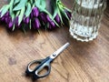 Scissors, bunch of violet flowers, crystal vase with water on wooden table. Florist concept. Making bouquet Royalty Free Stock Photo