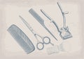 Scissors, clippers shears brush, swab, razor hairclipper blade s Royalty Free Stock Photo