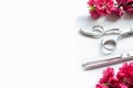 Scissors, comb and flower on white background with copy space. Royalty Free Stock Photo