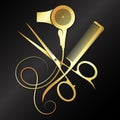 Scissors comb and hair dryer golden symbol Royalty Free Stock Photo