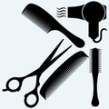 Scissors, comb for hair and dryer