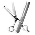 Scissors and comb. Professional barber scissors or shears, comb for man or woman haircut. Hairdresser salon equipment Royalty Free Stock Photo