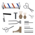 Scissors, comb, razor, barbershop brush isolated on a white background, flat vector stock illustration with a set of tools for a Royalty Free Stock Photo