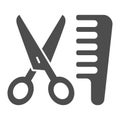Scissors and comb solid icon. Hair salon vector illustration isolated on white. Haircut glyph style design, designed for Royalty Free Stock Photo