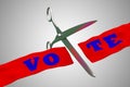 scissors cut a ballot ribbon demonstrating Divided vote concept. 3D illustration. Royalty Free Stock Photo