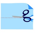 scissors cut blue paper along a red line