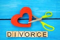 Scissors cut heart. the inscription `divorce`. the concept of breaking relations, quarrels. treachery, betrayal. cancellation of m