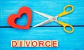 Scissors cut heart. the inscription `divorce`. the concept of breaking relations, quarrels. treachery, betrayal. cancellation of m