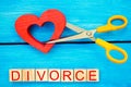 Scissors cut heart. the inscription `divorce`. the concept of breaking relations, quarrels. treachery, betrayal. cancellation of m Royalty Free Stock Photo