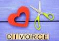 Scissors cut heart. the inscription `divorce`. the concept of breaking relations, quarrels. treachery, betrayal. cancellation of m Royalty Free Stock Photo