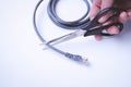 Scissors cut internet cable. Internet shutdown. Cut internet cable. Royalty Free Stock Photo