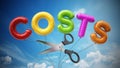 Scissors cut letter shaped balloons form the word cost. 3D illustration