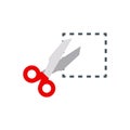 Scissors with a red handle cut along a dash-dotted line. Scissors, cut lines. Vector illustration. EPS 10.