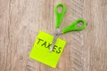 Scissors cut out the word `taxes`