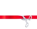 Scissors cut the red ribbon, on white background