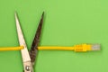 Scissors cut the yellow network cable connector Royalty Free Stock Photo