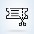 Scissors cuts discounts coupon icon or logo line art style. Outline supermarket at low prices concept. Discount Coupons vector