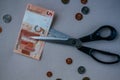 Scissors cuts one Belarusian ruble note Royalty Free Stock Photo