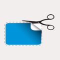 Scissors cutting blue sticker Royalty Free Stock Photo