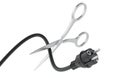 Scissors cutting of electrical power cable with plug. Power outage or saving energy, concept. 3D rendering Royalty Free Stock Photo
