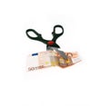 Scissors cutting euro bill isolated on white Royalty Free Stock Photo