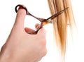 Scissors cutting lock of hair Royalty Free Stock Photo