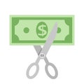 Scissors cutting money bill in half, stock vector illustration