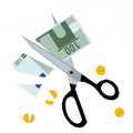 Scissors cutting money - concept of budget cuts Royalty Free Stock Photo