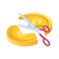 Scissors cutting money. Divide money, share profits or Sale concept Discounts symbol. Cost reduction or cut price.