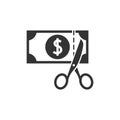 Scissors cutting money icon