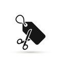 Scissors are cutting price tag as a discount symbol. Vector icon