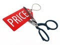 Scissors cutting price tag. 3D illustration.